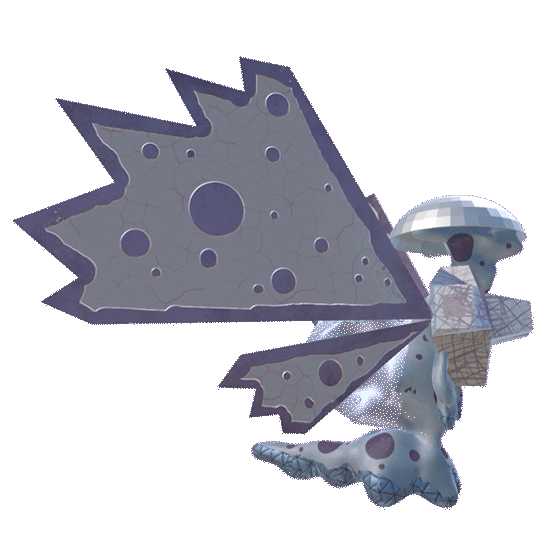 Alien bug with pale blue body & purple spots. It is wearing a half sphere hat and its back inflates and deflates as it breaths.