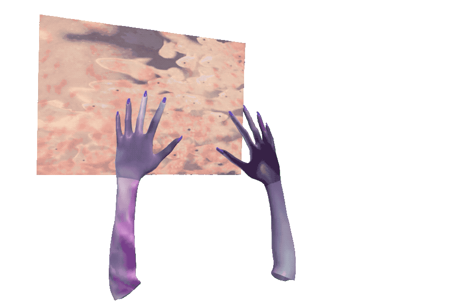 Two purple hands with dark purple nails. One of them hits a cloth that flies away.