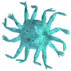 a rotating blue ball with many arms coming off of it